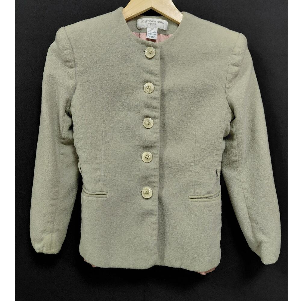 JONES NEW YORK PETITE Wool Jacket Green Solid Long Sleeve Women Size 6P